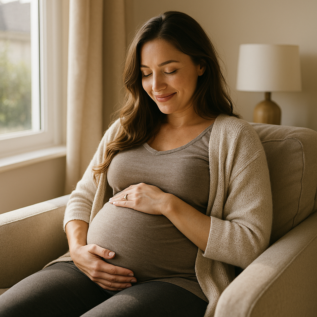 Einer schwangere Frau im ersten Trimester, mit sanftem Fokus auf den Bauch, in dem sich ein kleines Embryo-Modell befindet. Symbolisiert die empfindliche Entwicklungsphase in der Frühschwangerschaft.