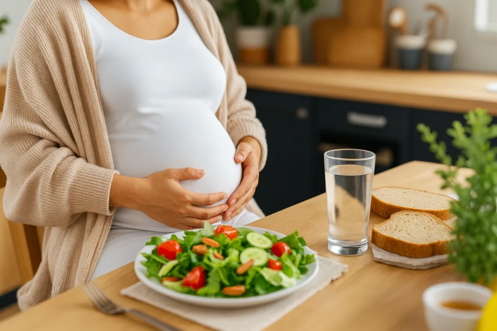 Eine schwangere Frau sitzt an einem Tisch und genießt eine gesunde Mahlzeit, die aus frischem Obst, Gemüse und Fisch besteht, um die notwendigen Nährstoffe wie Omega-3-Fettsäuren für das Wachstum des ungeborenen Babys zu erhalten. Sie hält eine Liste von Lebensmitteln in der Hand, die für die Ernährung in der Schwangerschaft empfohlen werden, um Risiken wie Lebensmittelinfektionen zu vermeiden.